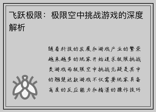 飞跃极限：极限空中挑战游戏的深度解析